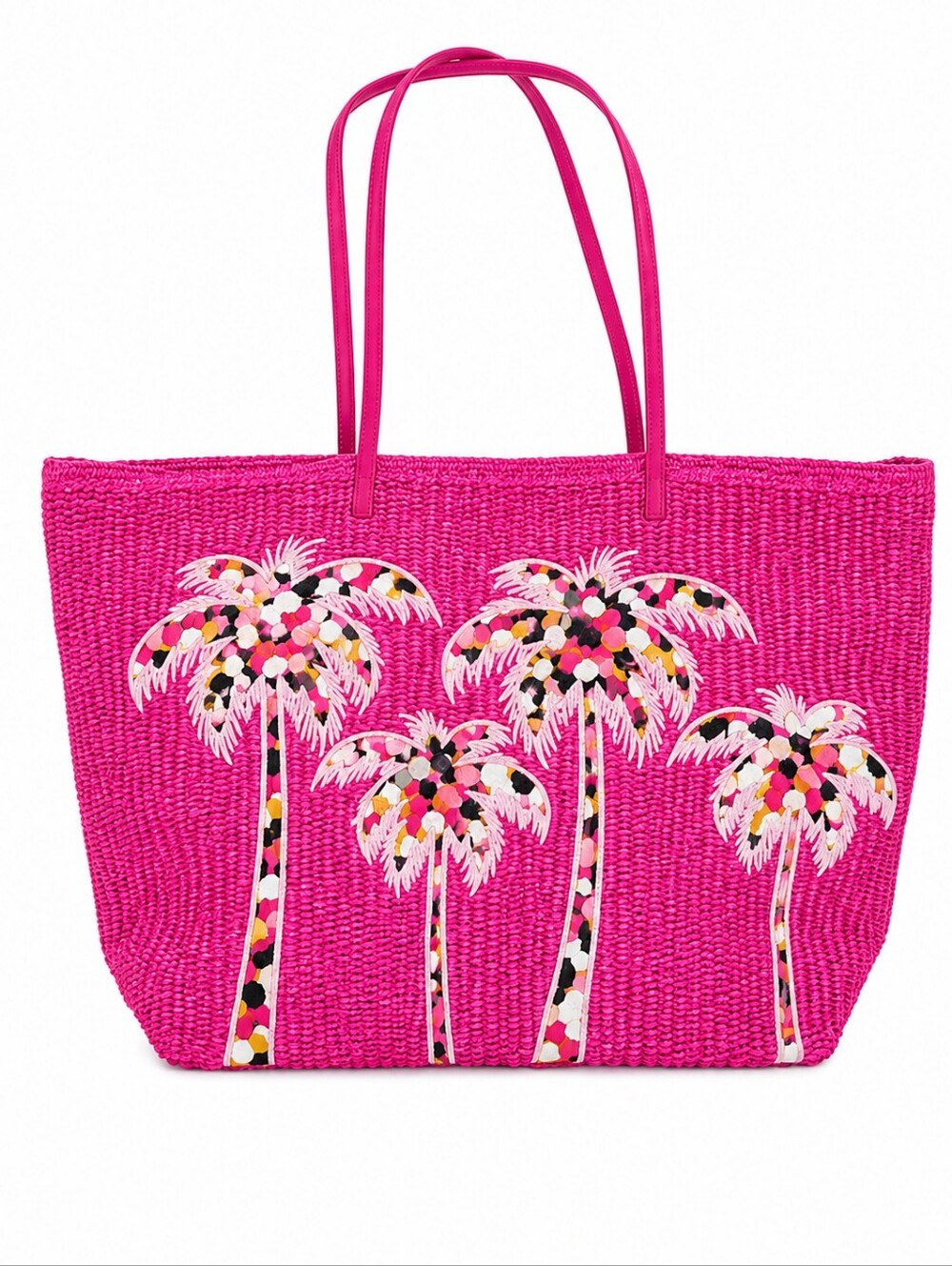 Vera Bradley Large Straw Tote Pixie Confetti Pink Palm Tree Beach Shoulder Bag